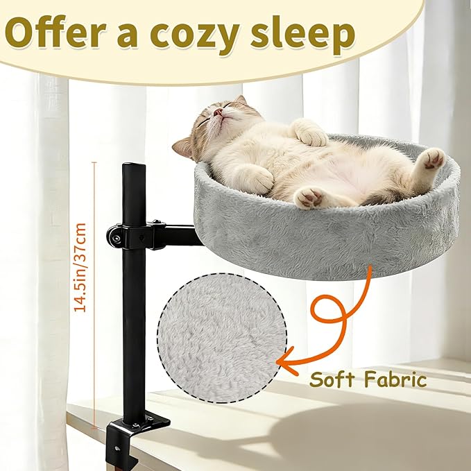Cat Desk Bed,360° Rotating & Height Adjustable Desk Cat Bed,Space Saving Modern Indoor Cats Nest Furniture Cozy Faux Fur Pet Nest Perch Hammock for Various Desktops,15.7" L*15.7" W*16.9" H,Grey