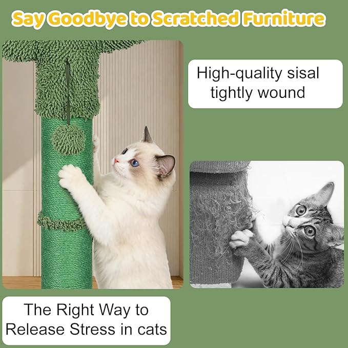 Tall Cat Scratching Post for Indoor Cats Adults, Cat Scratch Post with Sisal Rope Claw Scratcher, Solid Wood Cat Tower with Scratching Post and Cat Toys Mouse Hole,Cactus Small Cat Tree(Green Cactus)