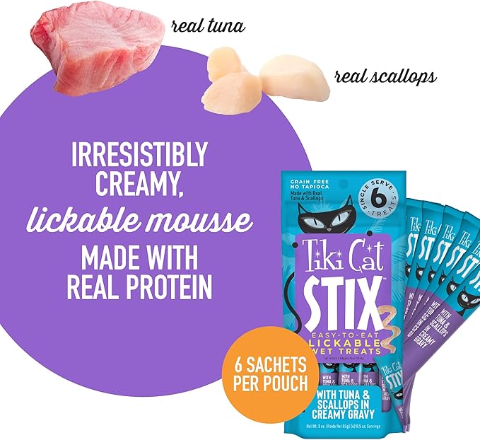 Tiki Cat Stix Wet Mousse Cat Treats, 3 oz. Pouch of Single Serve Lickable Treats, Tuna & Scallops in Creamy Gravy, (12 Pack of 72 Tubes)