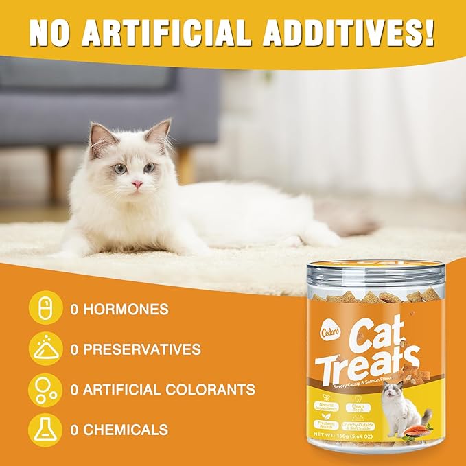 Healthy Cat Treats Soft & Crunchy - Catnip & Salmon Flavor with Real Salmon, Irresistible for Pickiest Cats, Cat Training Treats for Indoor Cats & Kittens, Dental Care & Digestive Support