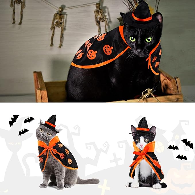 Cute Pet Halloween Wizard Costume with Hat, Cats Small Dogs Soft Clothes Outfit Witch Cape, Pets Costume Apparel Cosplay Clothes for Cats Dogs Kitten Puppy Small Animals, for Halloween Magic Cosplay