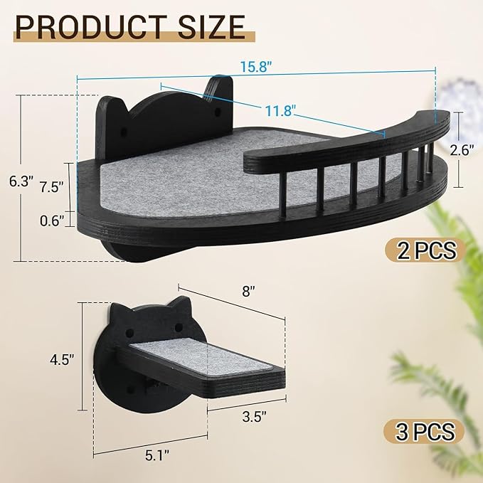 Cat Wall Shelves Furniture Set with Scratching Pad，Wooden Cat Climbing Wall Systems with 2 Perches and 3 Steps, Floating Shelves Bed Wall Mounted for Indoor Fit Up to 15Lbs (Black)