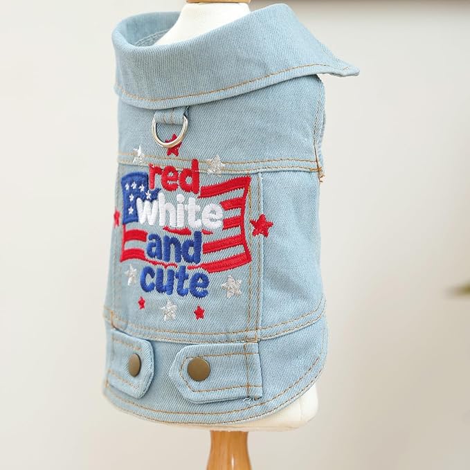 American Flag Denim Dog Vest with D-Ring for Small Dogs – Patriotic Embroidered Puppy Jacket, 4th of July Outfit(XL)