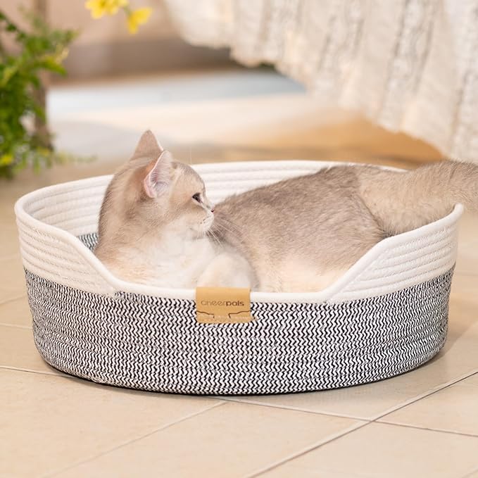 CHEERHOME PETS Cat Bed Basket with Cushion, Cotton Rope Woven Pet Bed for Indoor Cats Couch, Stimulicat Cat Bed Handwoven Breathable, All Season Universal (Grey)