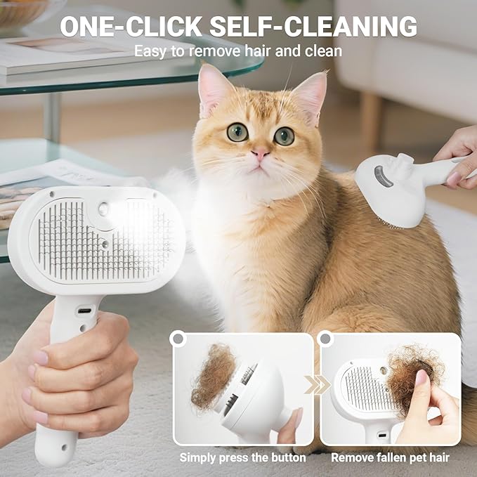 Pjordo Pet Steam Brush for Dogs & Cats with Pet Conditioner, 4 in 1 Spray Hair Removal Comb for Shedding & Grooming, Self Cleaning Water Brush for Long & Short Haired Pets