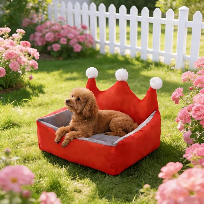 Cute Crown Pet Beds for Dogs Cat,Fashionable Luxurious Crown Cat Princess Beds Winter Warm Puppy Cat Sofa Bed Soft Upholstered Plush Sofa,Durable Washable Anti-Slip Dog Beds (Red, S-Below 9.0kg)