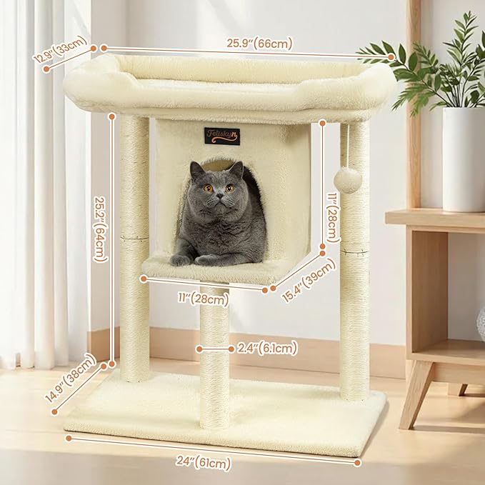 Cat Tree Tower Scratching Post for Indoor Large Cats, Small Cat Tree with Big Perch Bed, 28in Tall Trees House with Condo Cave, Toy Balls, Modern Climbing Furniture Platform for Kitten (Beige)