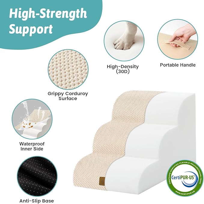 COZY KISS Dog Stairs for Small Dogs 13" H, 3-Step Slope Curved Dog Steps for Couch, Chair or Bed, Sturdy Pet Stairs for Puppy, Older Cat, Cat Ladder with High Density Foam, 15.7x20x13 inch, Beige