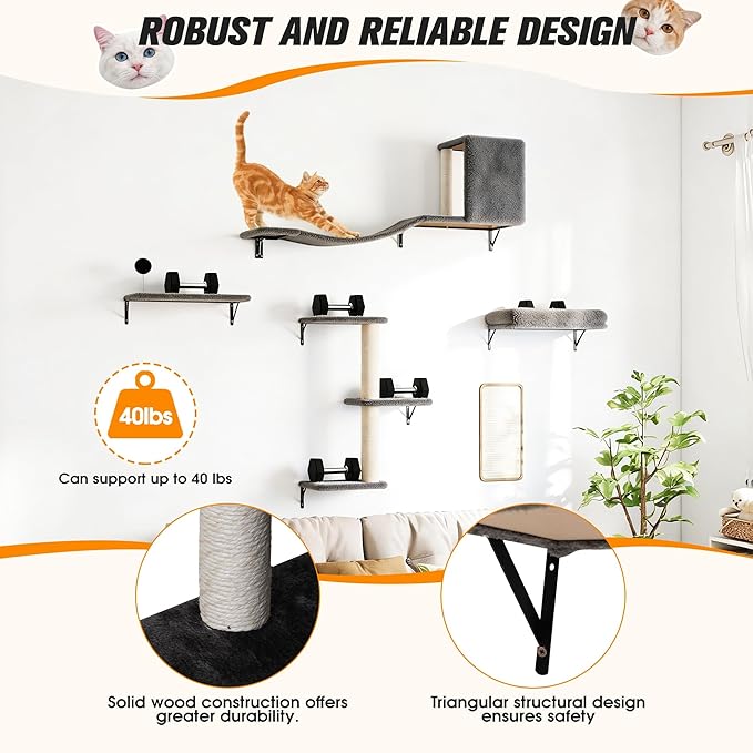 COZIWOW Cat Wall Shelves Set, 5-Piece Wall Mounted Cat Furniture with Cat Tree & Scratching Post, Floating Cat Perches for Indoor Cats（Grey）