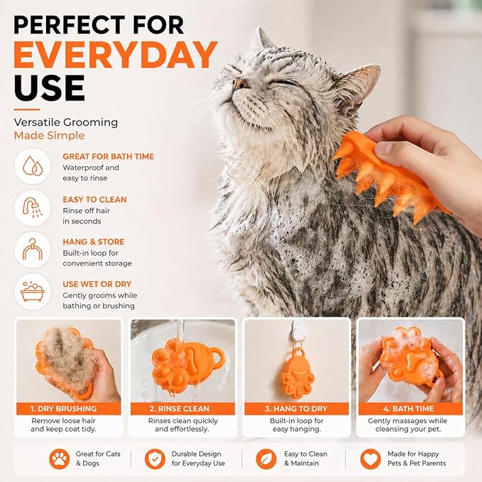 Cat Brush Silicone Pet Grooming Brush for Cats & Dogs, Soft Flexible Deshedding for Removing Loose Fur, Easy to Clean, Waterproof, for Short & Long Hair, Orange White Gray