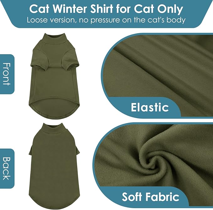 Turtleneck Sweater for Cat, Sphynx Cats Shirt Hairless Cat Sweaters with Sleeves, Warm and Soft Kitten Pullover Fleece Winter Pajamas Jumpsuit for Puppy Cats, ArmyGreen L