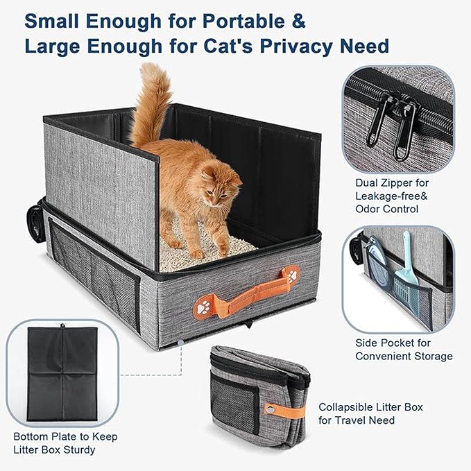 Foldable Pet Litter Pan, 50x40x13cm Oxford Cloth Box, Zippered Lid Enclosure, Vehicle Travel, Camping Trips, Hotel Stays, Road Trips, Mobile Grooming