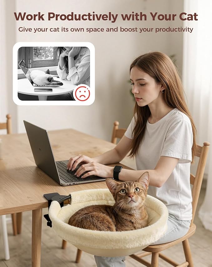 Petcozife Cat Desk Bed, 16"x16" Sturdy Rotating Cat Bed for Desk with Removable Washable Soft Fabric Hammock Cover, Stable Holds Up to 50 lbs, Space Saving Cat Perch for Home Office, Game Table