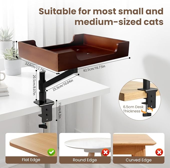 Cat Desk Bed - Classy Bamboo Base Come with Plush Bedding Stable and Sturdy Clamp Can Adjust Height 360° Rotation Have Your Precious Cat Watching While You Study or Work Up to 33 lb Load
