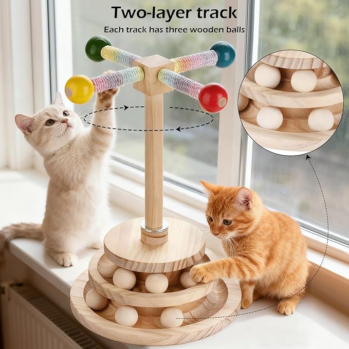Wooden cat Toy Interactive Turntable with Spinning Ball and teapot Stick, Multi-Level cat Track Ball Toy Suitable for Kittens and Adult Cats, cat Sports Puzzle Toy
