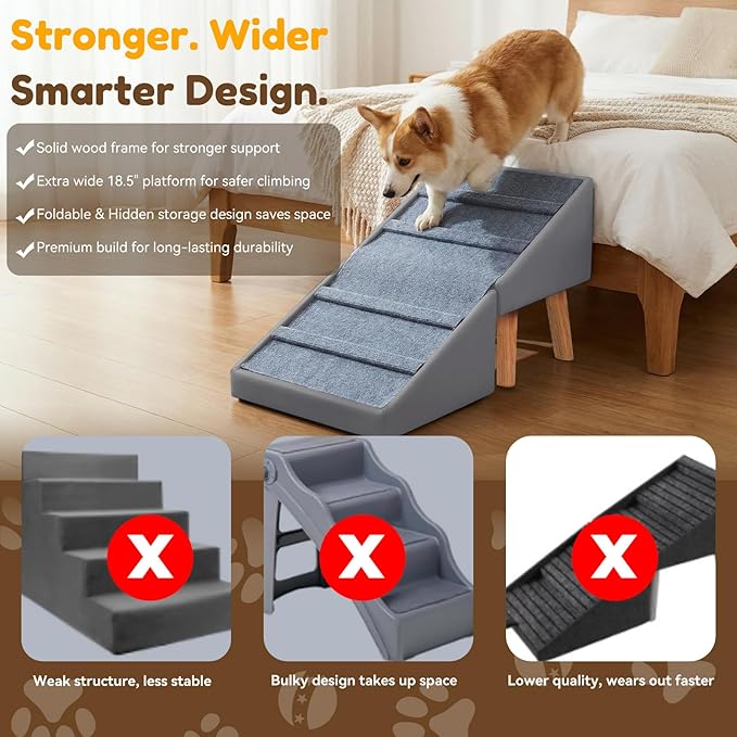 Dog Ramp for Small Dogs, 18.5" Extra Wide 3-in-1 Dog Stair with Foldable Ottoman & Hidden Storage Design, 15.7" H Safer Leather Pet Steps for Couch Sofa Bed (Grey)