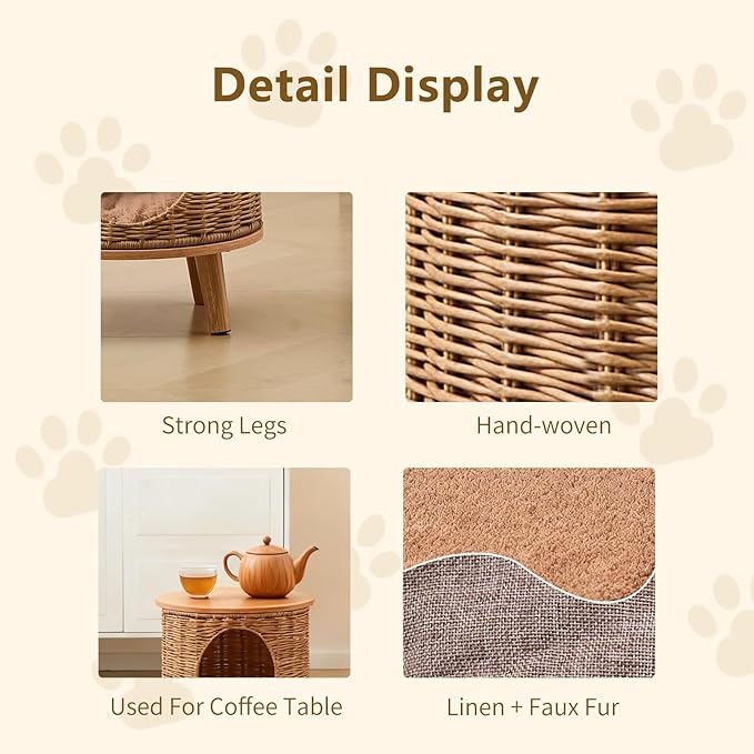Rattan Cat House End Table, 2-in-1 Cat Bed Side Table, Stylish Pet Furniture for Indoor Cats in Living Room and Bedroom Brown