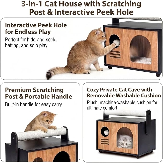 Ecove Family Cat House for Indoor Cats, Modern Wooden Cat Cave Condo with Scratching Posts, Washable Cushion, Durable Cat Furniture, Bed for Small and Medium Cats