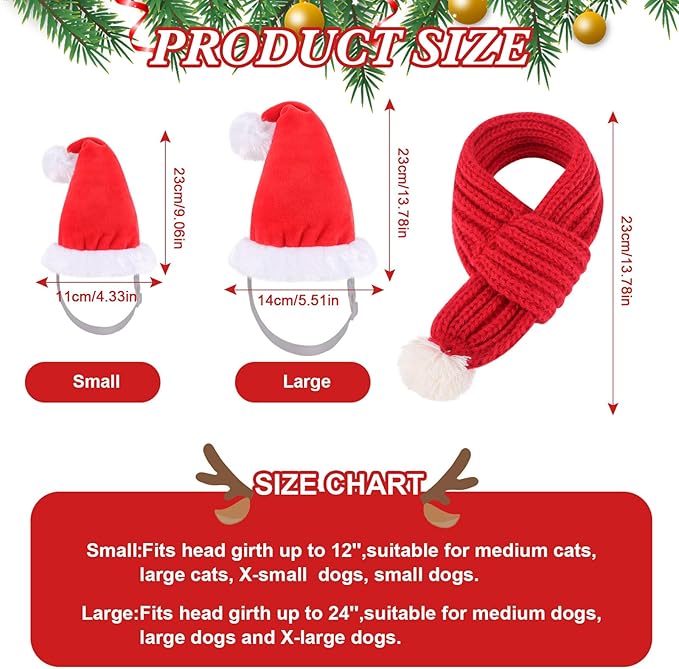 QKURT Pet Christmas Hat and Scarf Set, Dog 3D Santa Hat Adjustable Knitted Scarf Holiday Outfit Costumes for Small Medium Large Dogs Cats Pets