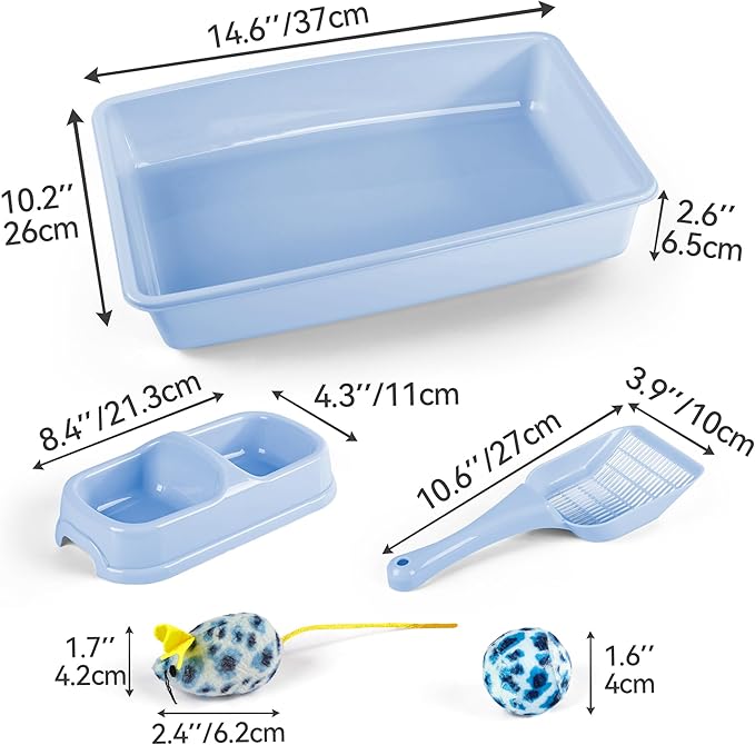 Blue Cat Litter Box Set, Small Cat Kitten Starter Kit with Litter Scoop, Cat Bowl, Kittens Toy; Heated Cat Bed Indoor, Microwavable Heating Pads for Cats with 2 Cozy Covers