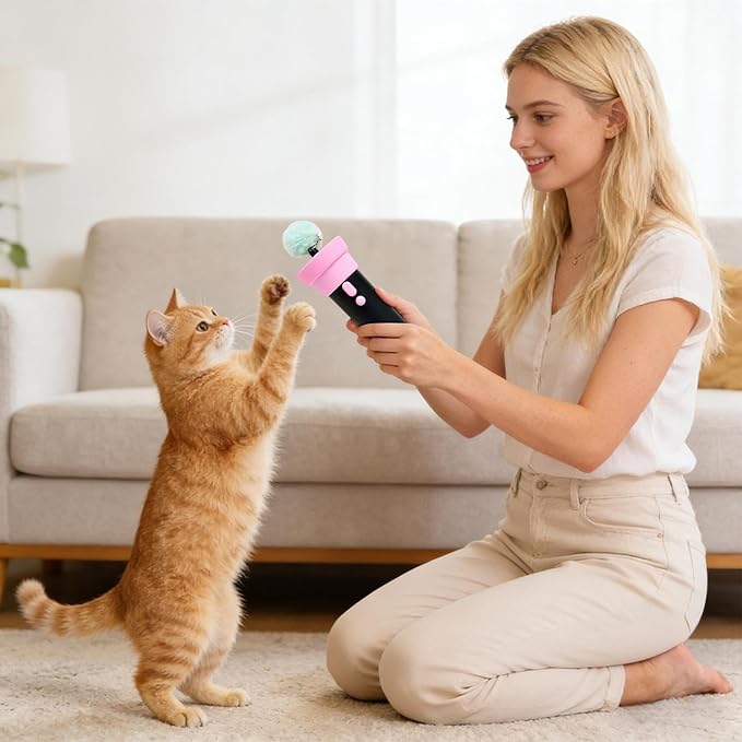 Electric Cat Wand Toy with Telescopic Rope, Cat Teaser Game Interactive Cats Toys Fuzzy Ball Launchers Funny Enrichment Toys for Bored Indoor Pets