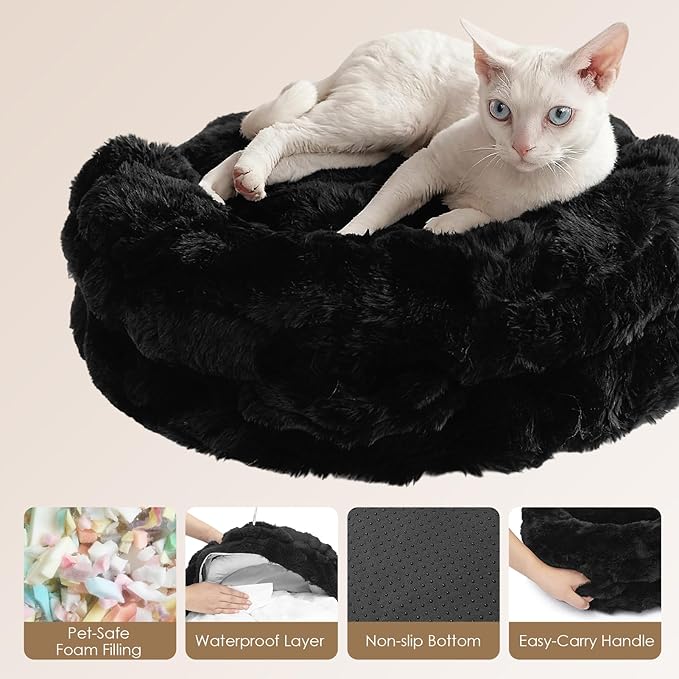 EHEYCIGA Soft Cat Couch Bed for Indoor Cats, Fluffy Small Dog Bed with Removable Washable Cover, Bolster Pet Sofa, Waterproof and Non-Slip, 23" x 23"x 7", Black