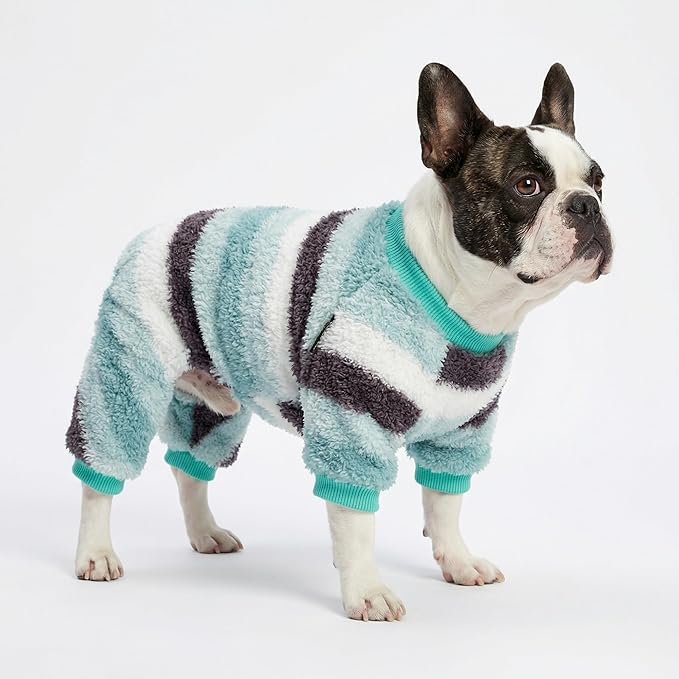Fitwarm Fuzzy Striped Dog Fleece Pajamas, Warm Winter Clothes for Small Dogs Boy Girl, Cozy Pet Onesie with Feet, Light Sea Green, Black, White, Medium
