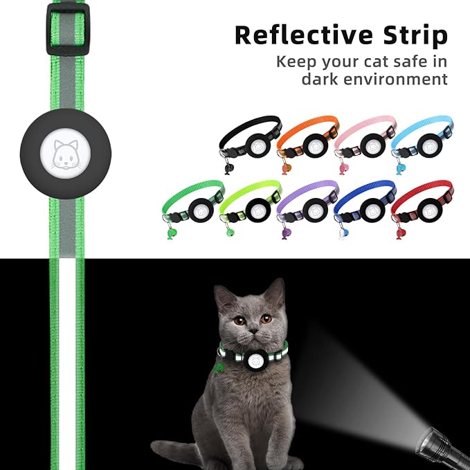 Airtag Cat Collar, Air tag Cat Collar with Bell and Safety Buckle in 3/8" Width, Reflective Collar with Waterproof Airtag Holder Compatible with Apple Airtag for Cat Dog Kitten Puppy (Green)