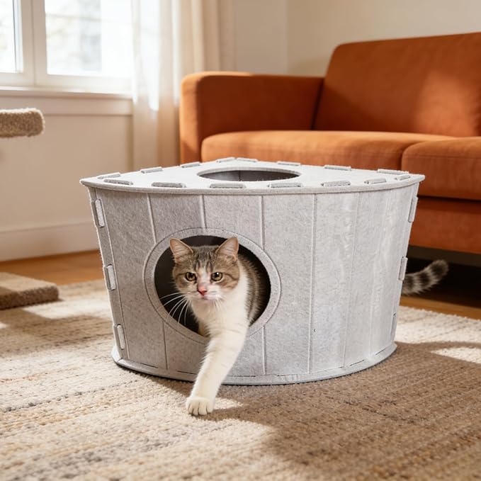 Felt Cat House, Space-Saving Closed Fan-Shaped Corner Design for Wall Corners & Sofa Nooks, with Self-Adhesive Cat Scratching Pad, Warm Cozy Cat Hideaway for Indoor Kittens & Adult Cats (Gray)