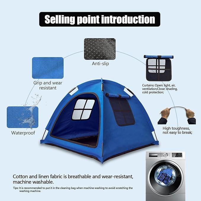Anti-Anxiety Open Pet Tent, Calming Hideaway Monitoring Bed for Cats & Small Dogs, Breathable Mesh, Tool-Free Setup, Indoor Outdoor Travel, Blue