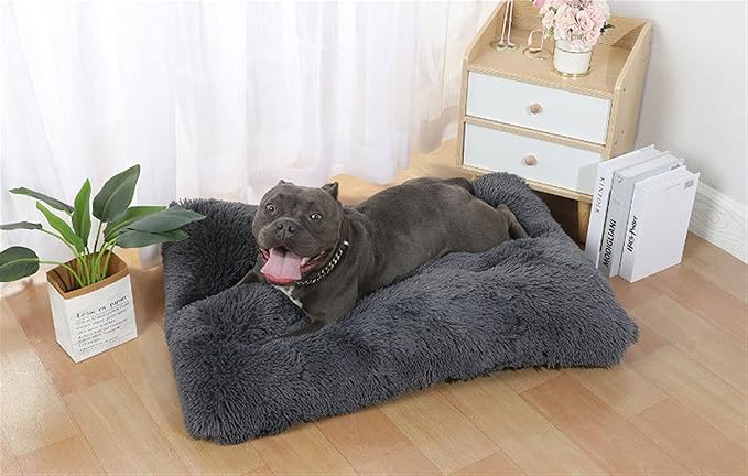 Long Plush Calming Pet Bed Cuddler Pet Bed for Dogs and Cats Fluffy Faux Fur Dog Bed with Anti Slip Bottom Machine Washable Pet Sleep Bed Crate Mat Dark Grey 2XL