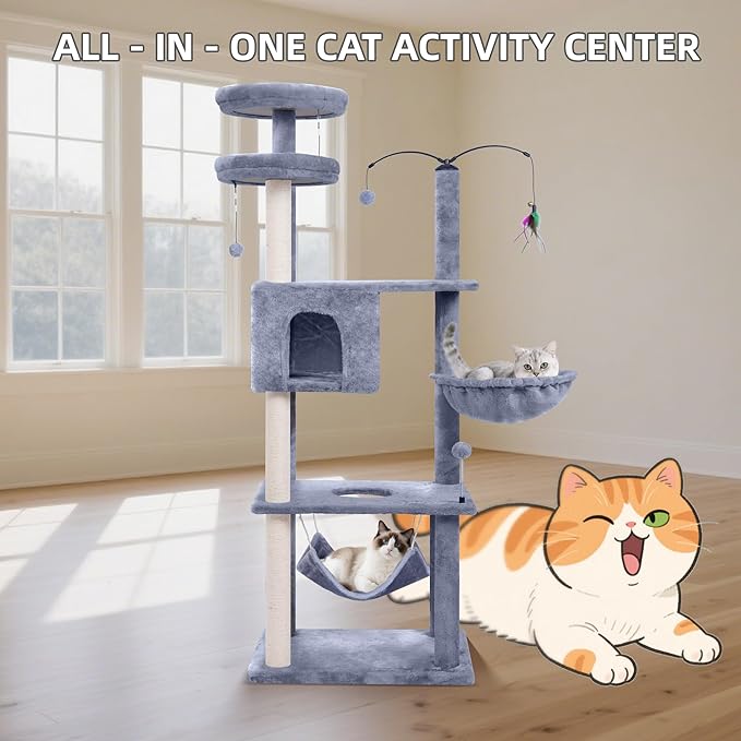 AIWIKIDE Big Cat Tree, Cat Tower with Multi-Level Condo, Hammocks, Rotating Toy (Grey, 70'')