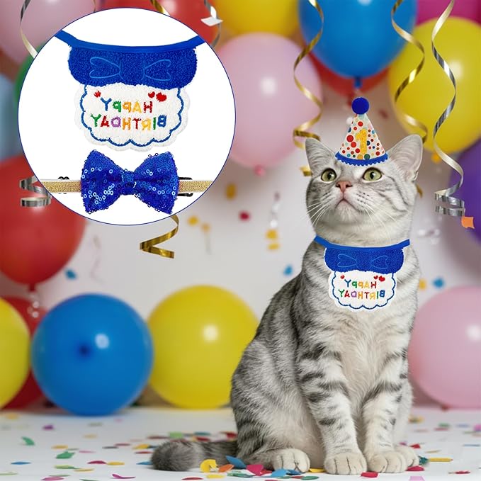 4PCS Blue Cat Birthday Party Supplies for Kitten Bandana Hat Number Decorations Pet Birthday Outfit Kit