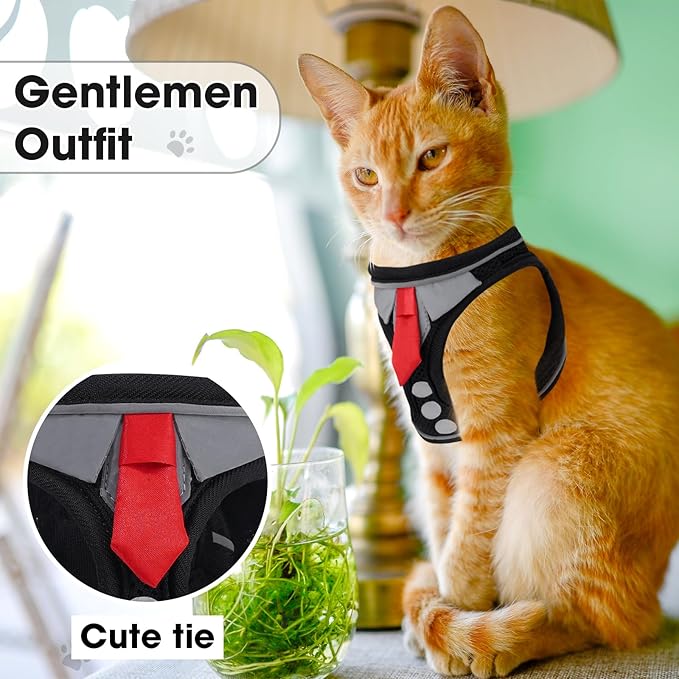 Cat Harness and Leash Set for Walking Escape Proof, Soft Adjustable Kitten Harness Breathable Mesh with Reflective Strips Harness for Kitty Puppy Bunny (Black, Small)