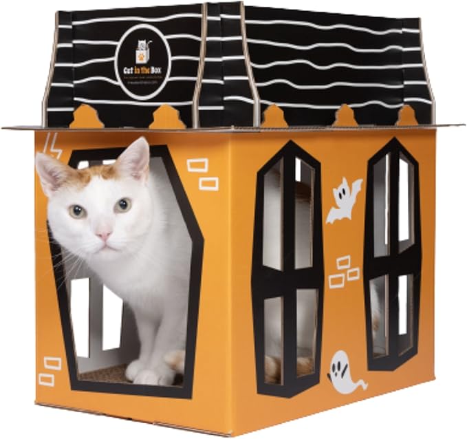 Spooky Cat Haunted House – Halloween Mansion Playhouse for Cats, Kittens, Rabbits & Bunny. Cardboard Box House Condo Cave Furniture Bed Includes Cat Scratcher