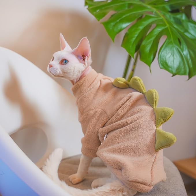 Dinosaur Sphynx Cat Clothes, Soft Polar Fleece Sweater for Cat, Elastic Pet Clothes Thick Winter Warm Outfit for Hairless Cat, Devon, Cornish, Small Dogs Apparel with Sleeves (Khaki, X-Large)