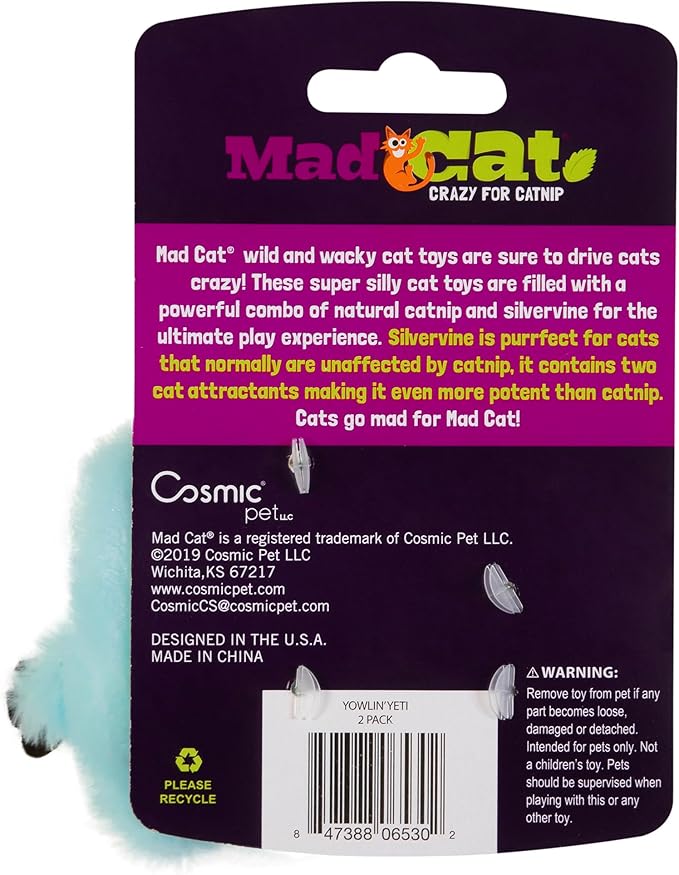 Mad Cat Yowlin Yeti Catnip & Silvervine Plush Cat Toy, Pack of 2