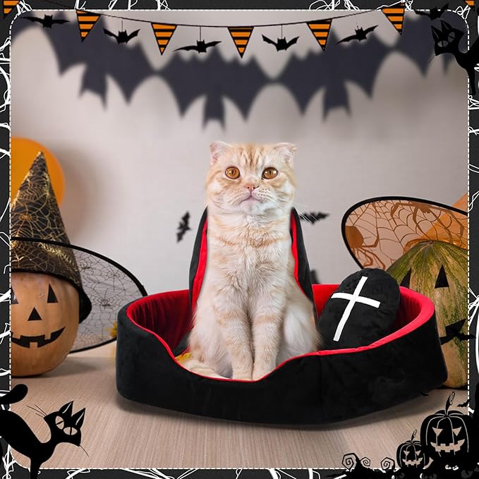 3 Pcs Gothic Cat Bed Set with 19 Inch Washable Coffin Cat Bed Black Tombstone Pillow Red and Black Blanket Gothic Pet Furniture Activity Center for Halloween