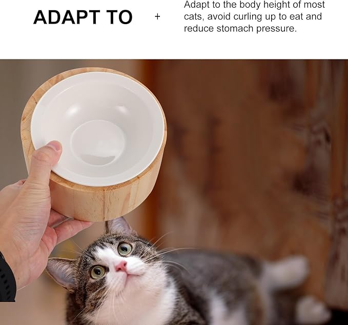NUOBESTY Elevated Ceramic Cat Bowl with Wood Stand Anti-Vomiting Raised Pet Feeder Dish Round Single Bowl for Cat Feeding and Watering Spine Protection