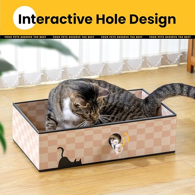 Conlun Cat Scratcher Box with 3-Layer Corrugated Board, Heavy-Duty Double-Sided Cardboard Cat Bed, Interactive Hole Design, Checkered, Large