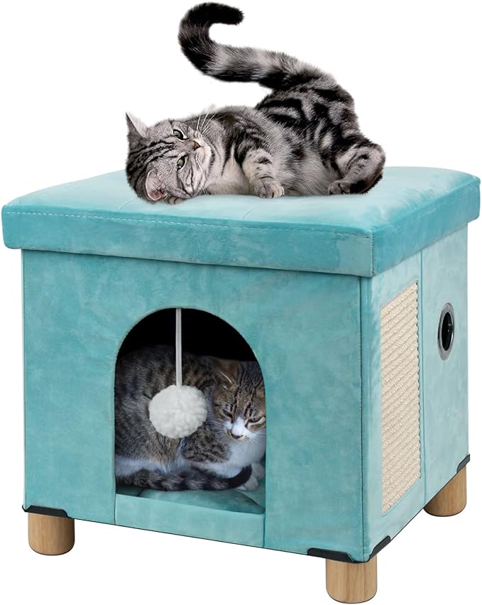 BRIAN & DANY Cat Beds for Indoor Cats,Cat Cave House for Kitten with Scratch Board & Ball, 14.5X 12.5X 14.1 inches, Green