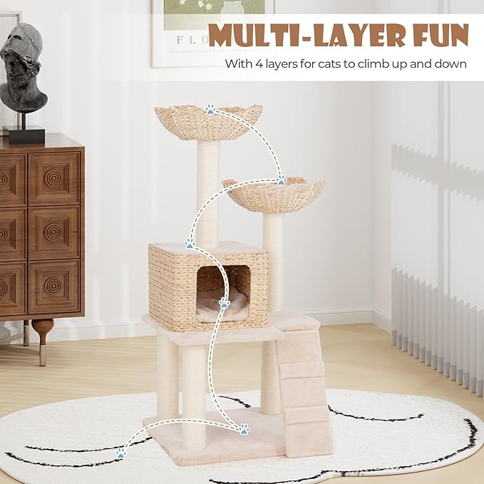 Tangkula Modern Cat Tree, 48 Inch Multi-Level Cat Tower with Sisal Scratching Posts, Cattail Fluff Condo & 2 Perches and Climbing Ladder, Aesthetic Cat Tree with Washable Cushions for Indoor Cats