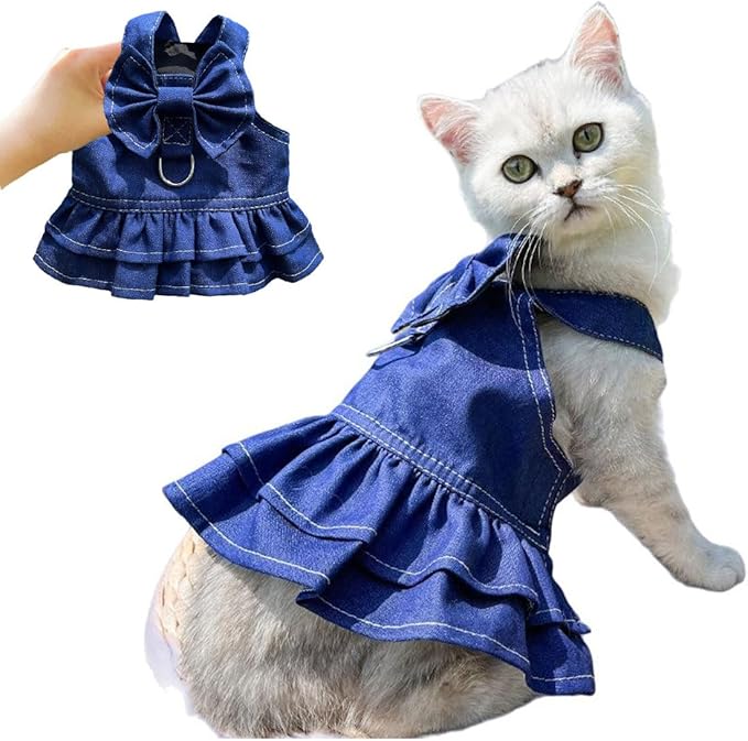 Denim Pet Dress & Vest Harness for Dog Cat, Male Female Universal with D-Ring, Bow Decor Ruffled Skirt Breathable Clothes for Small to Large Pets (Medium, Skirt-Blue Denim)
