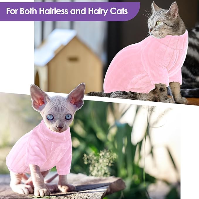 Sweaters for Cats, Hairless Sphynx Sweater Kitten Pullover with Sleeves, Warm and Soft Cat Pajamas Fleece Sweatshirt Jumpsuit, Turtleneck Clothes for Fall Winter, Pink S