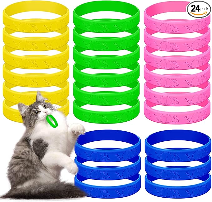 Cat Toys 24 PCS, Rubber Cat Chew Toy, Interactive Cat Toys to Kill Time, Colorful Bracelets Bands for Cat