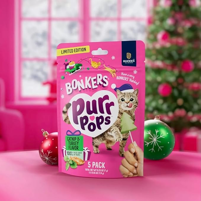 Bonkers Purrpops Limited Edition Christmas Themed Chicken Flavor Freeze-Dried Licks Cat Treats Catnip & Turkey Flavor - 1 Pack of 5 Units with Cat Spring Toys
