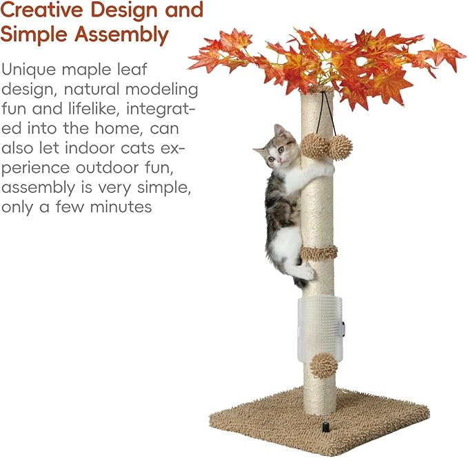 MECOOL Cat Scartching Post，30-inch Cute Scartching Posts for Indoor Cats and Kittens,Natural Sisal Rope and Hanging Ball Toy, Self-Grooming Brush,Beige
