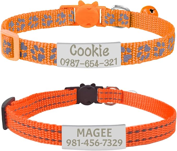 CAMAL 2 Pack Reflective Cat Collar Personalized, Custom Breakaway Cat Collar with Stainless Steel Pet ID Tag, Adjustable Cat Collars with Name and Phone Number for Cat Kitten Puppy