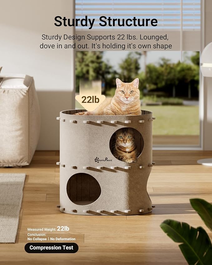DownyPaws Cat House for Indoor Cats, 2-Storey Foldable Cat Bed Cave, Felt Cats Tunnel Bed Condo, Castle Kitten Cube Hideaway for Multicats, Scratch Resistant, Cream