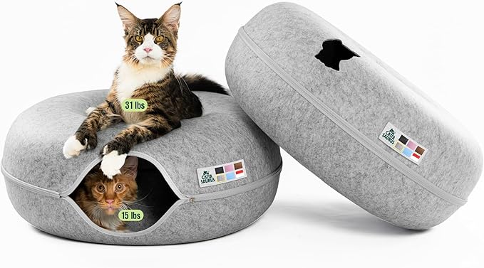 Cattasaurus Peekaboo Cat Cave Duo Jumbo Set, Extra Spacious Cat Donut for Multiple & Large Kitty 15+ lbs, Scratch Detachable Cat Beds for Indoor Cats, Washable Cat Tunnel Bed, Best Kitten Toys